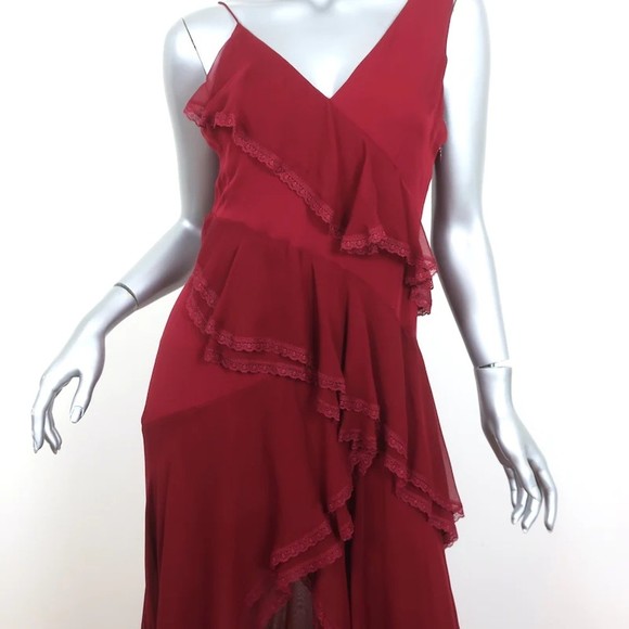 Alice + Olivia Gown Mariana Red Ruffled Silk Size 4 Asymmetric Maxi Dress - Picture 2 of 8